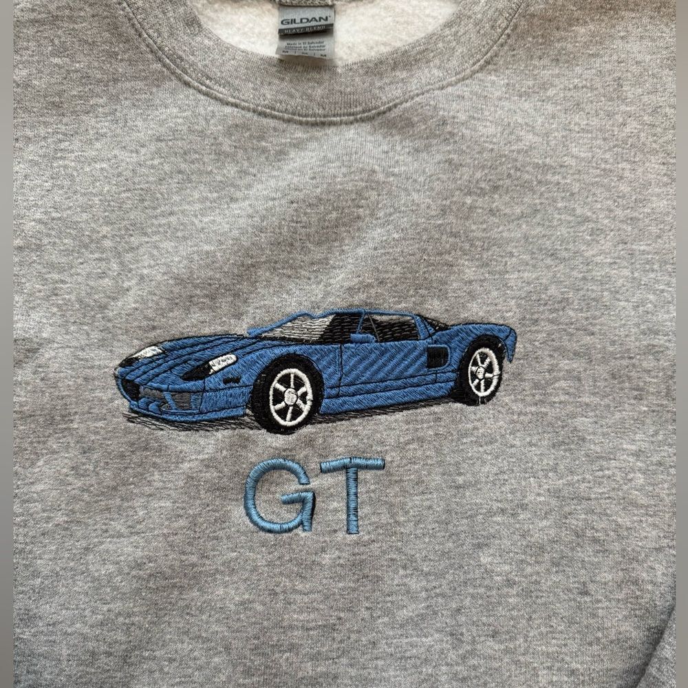 Gray Crewneck Sweater with Blue Car Design - Picture 2 of 4